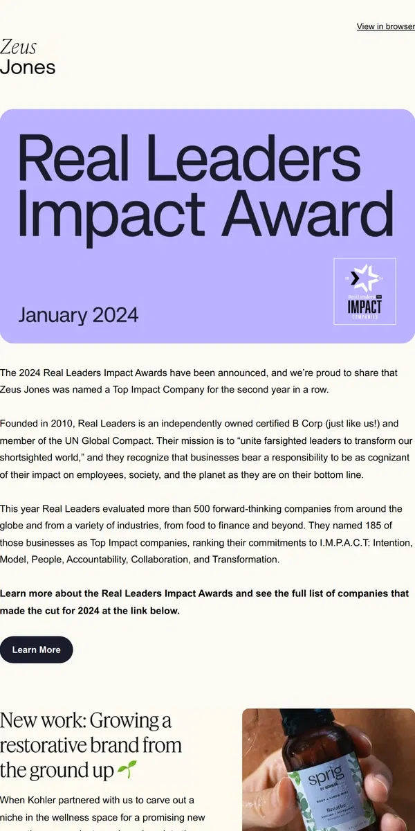 Email from Zeus Jones. We’re a 2024 Top Impact Company! 🎉