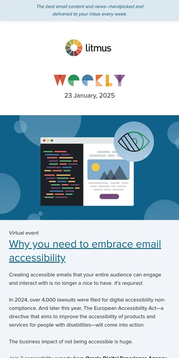 Email from Litmus. Tips on embracing email accessibility, a free email personalization course, and more