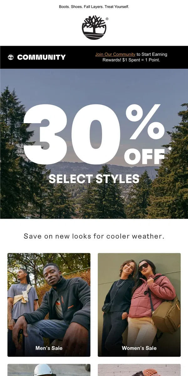 Email from Timberland. Up to 30% Off Select Styles - Time to Try Something New.