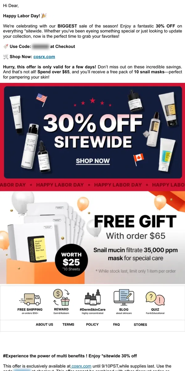 Email from COSRX. Limited-Time Labor Day Offer: 30% Off