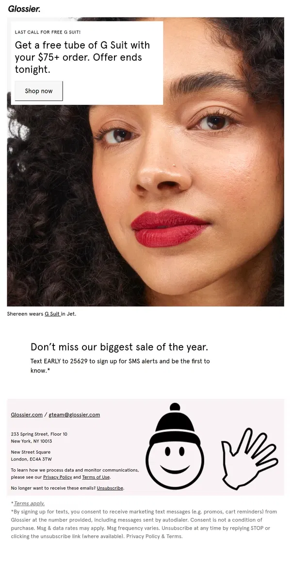 Email from Glossier. Ends soon! Free G Suit