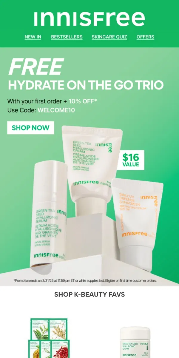 Email from innisfree. FREE Welcome Gift With 1st Order!