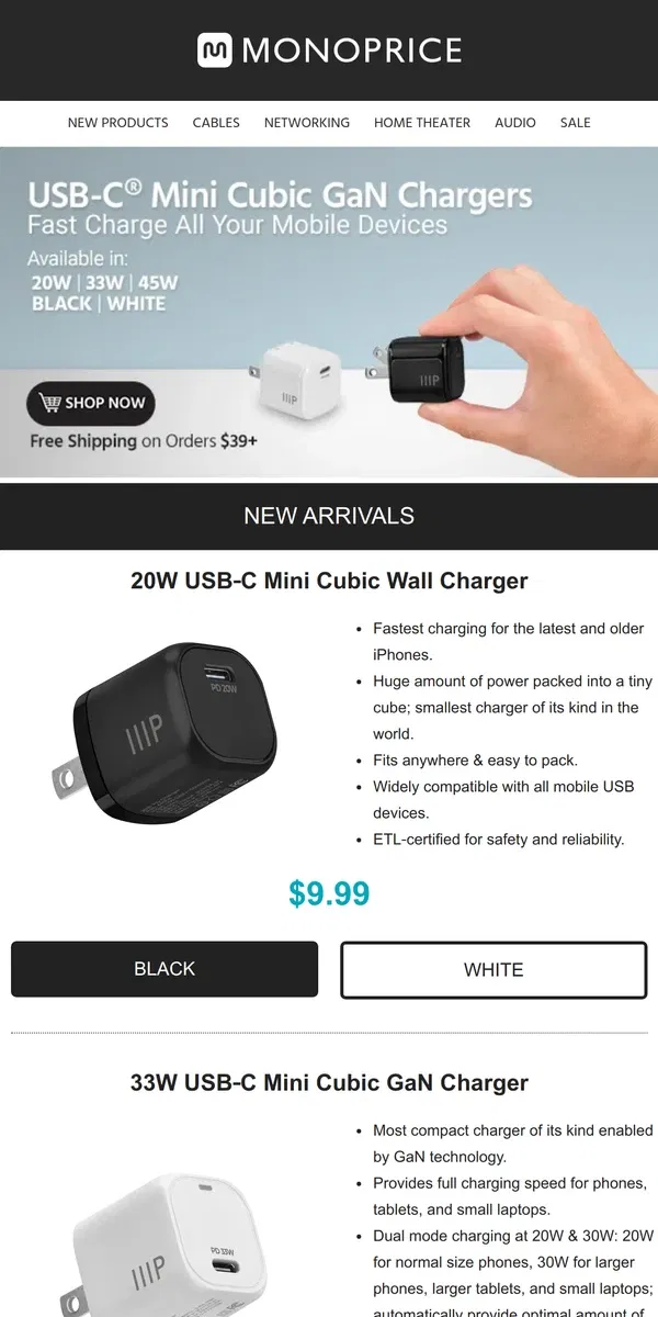 Email from Monoprice. NEW ARRIVALS | Mini Cubic GaN Chargers 🔋⚡🔌