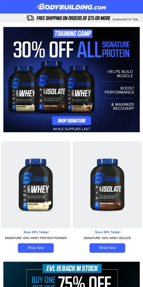 Email from Bodybuilding.com. Unlock 30% Off Our Signature Protein for a Limited Time!