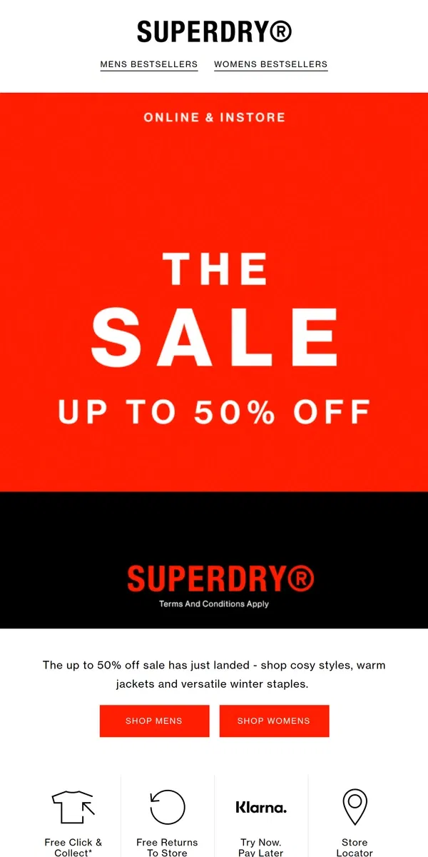 Email from Superdry. Sale | Up to 50% off | Online and Instore