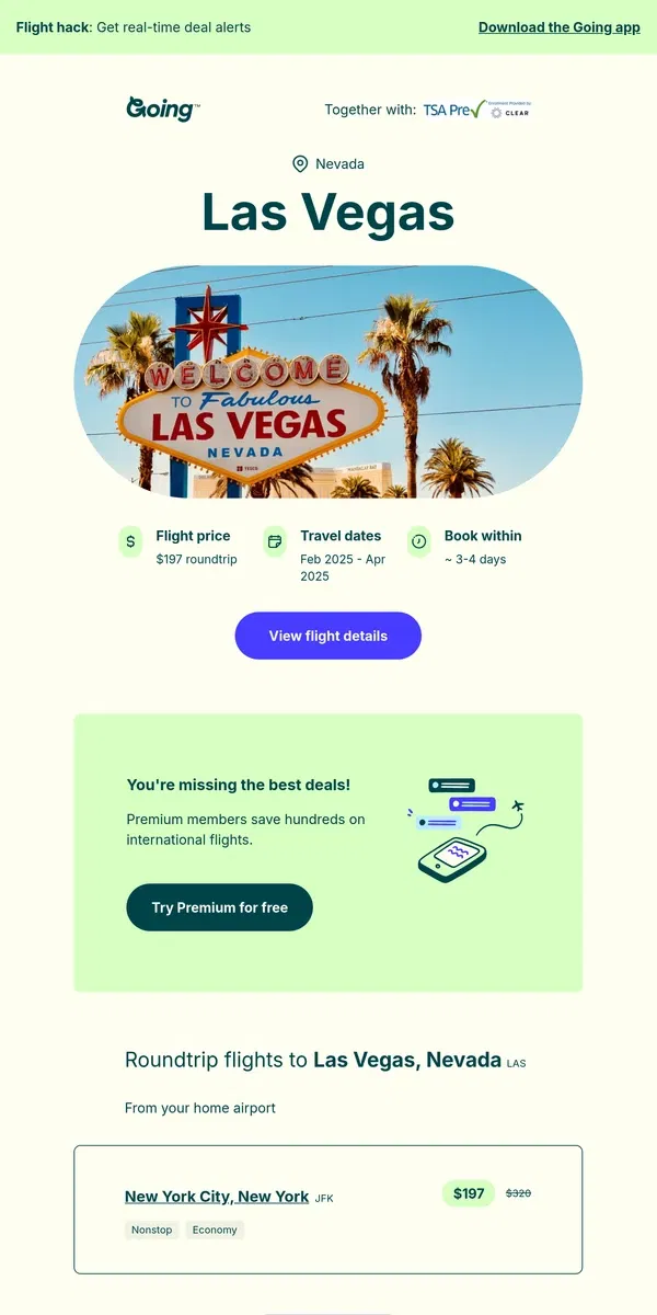 Email from Going. ♣️ Las Vegas —  $197 (Feb-Apr)