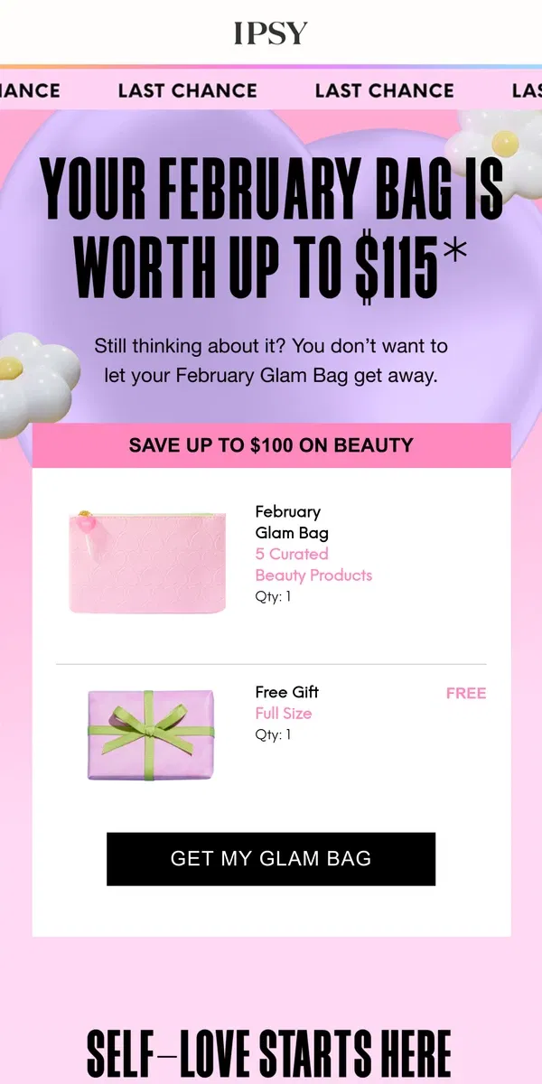 Email from BoxyCharm by IPSY. Congrats! We saved your Glam Bag for you