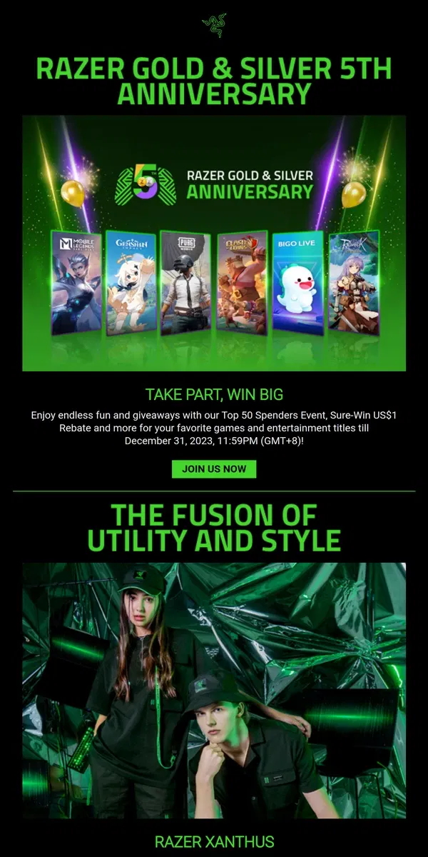 Email from Razer. Celebrate Razer Gold & Silver’s 5th Anniversary