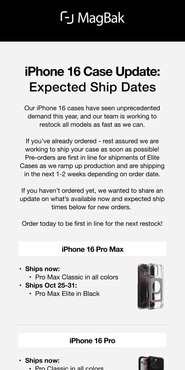 Email from MagBak. iPhone 16 Cases: Shipping Update