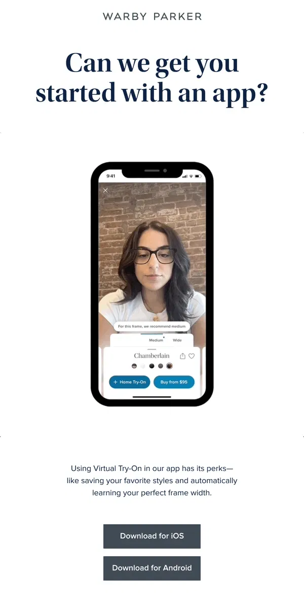 Email from Warby Parker. Virtual Try-On, virtually anywhere