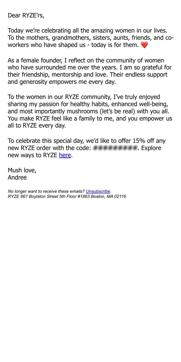 Email from RYZE Mushroom Coffee. Happy International Women’s Day