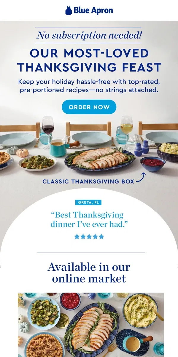 Email from Blue Apron. IT’S BACK: “Best Thanksgiving dinner I’ve ever had.”