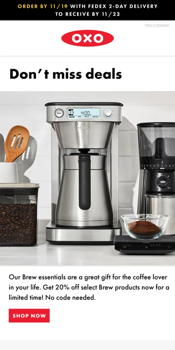 Email from OXO. Save 20% on Brew favorites