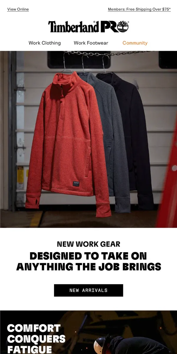 Email from Timberland. NEW work gear designed for long workdays.