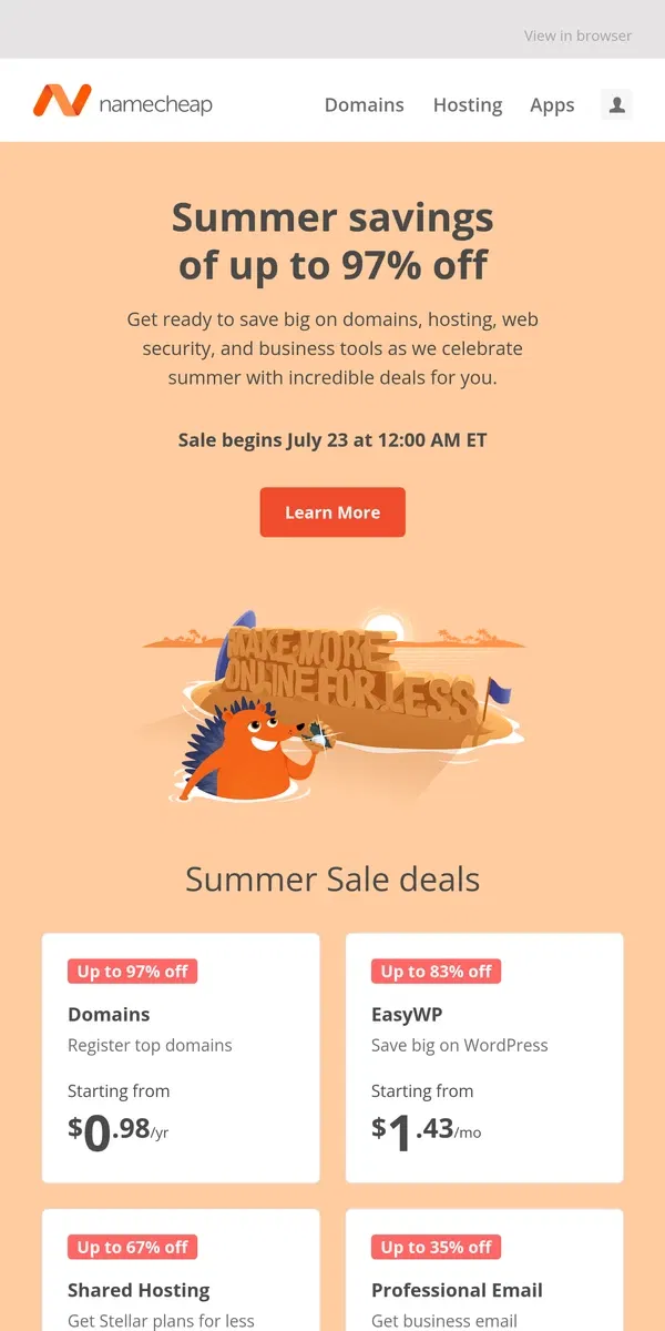 Email from Namecheap. Coming Soon: Up to 97% off in our Summer Sale