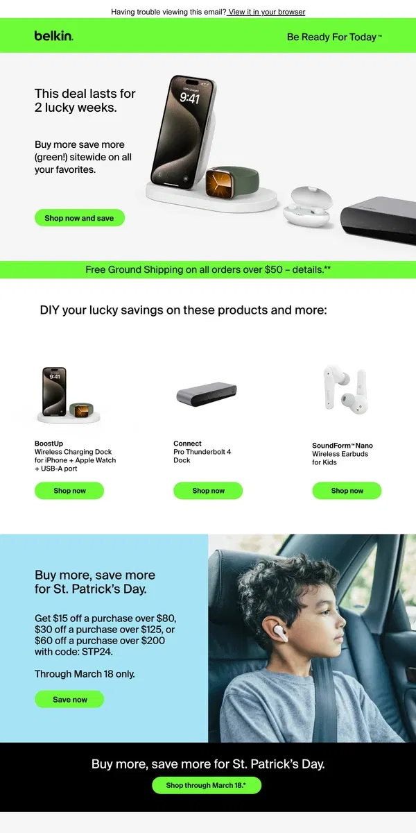 Email from Belkin. Buy more, save more for St. Patrick’s Day 🍀