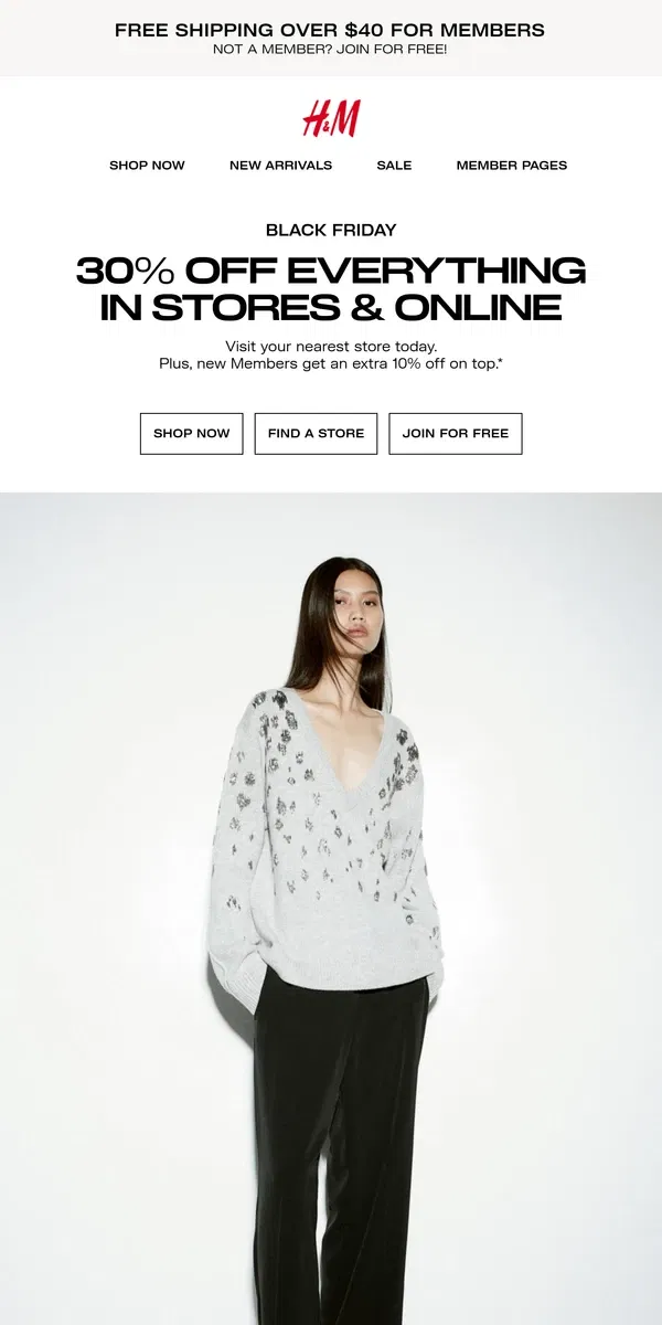 Email from H&M. 30% off is now in stores & online