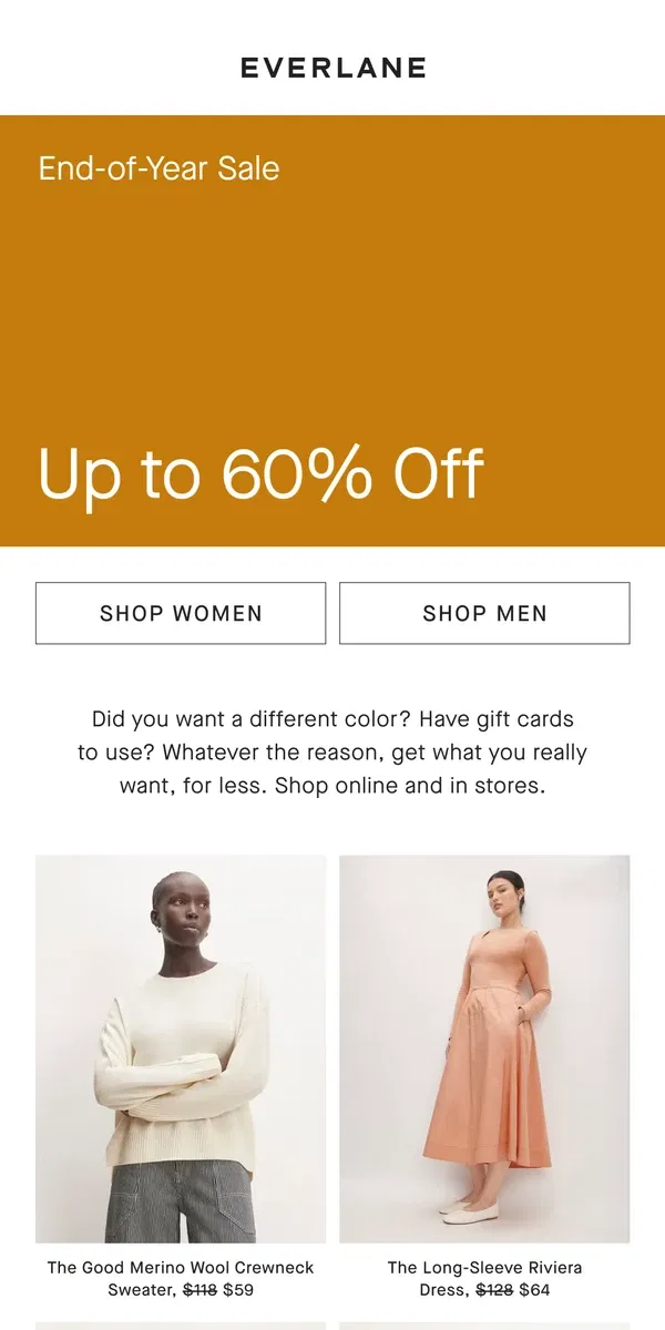 Email from Everlane. Up to 60% Off The Gifts You Actually Wanted