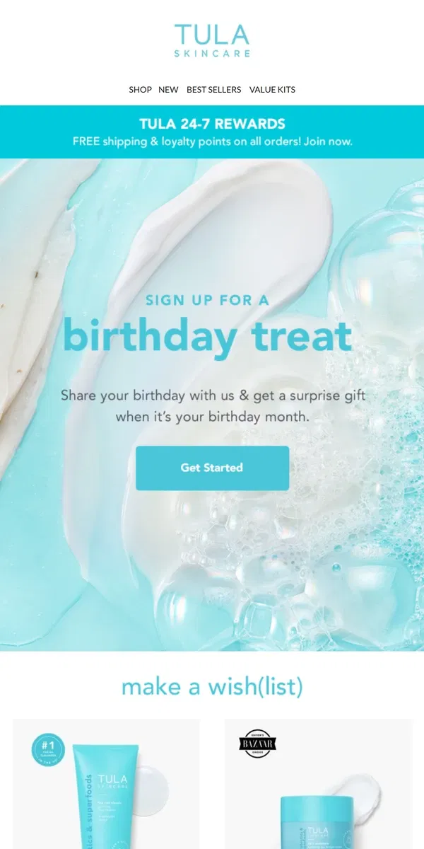 Email from TULA Skincare. Share your birthday, enjoy a gift