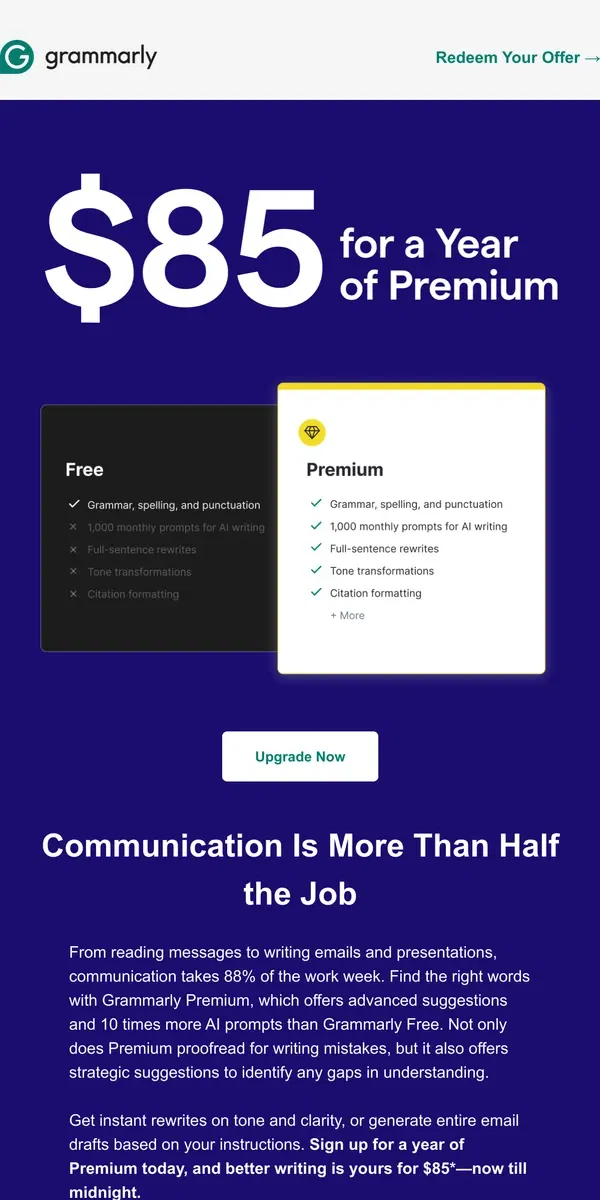 Email from Grammarly. Upgrade to Premium for $85 a year