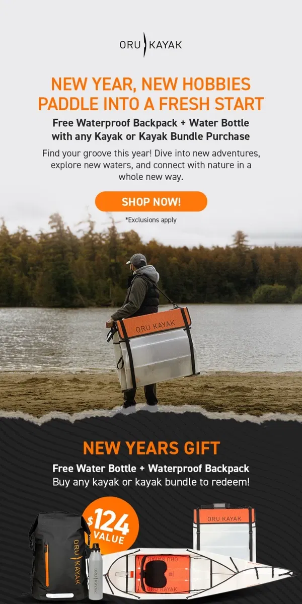 Email from Oru Kayak. New Year, New Hobbies: Don't Miss Your New Years Gift 🛶