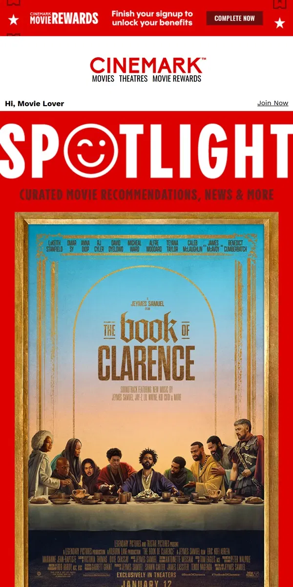 Email from Cinemark. The Book of Clarence — in the SPOTLIGHT