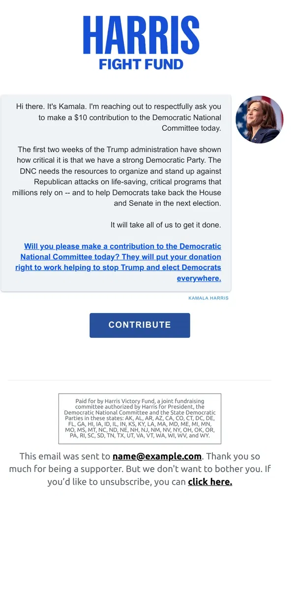 Email from Kamala Harris. Respectfully asking