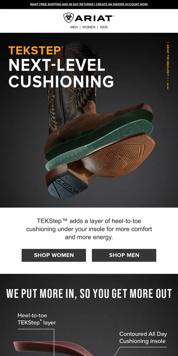 Email from Ariat. TEKStep Soles: More Comfort, Less Fatigue