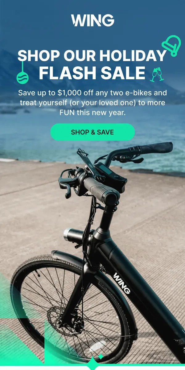 Email from Wing Bikes. IT’S HERE: Shop our Holiday Sale! 🌲