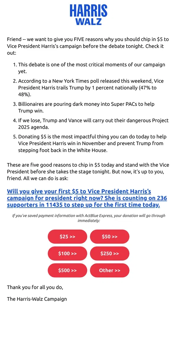 Email from Kamala Harris. Five good reasons to chip in before tonight’s debate