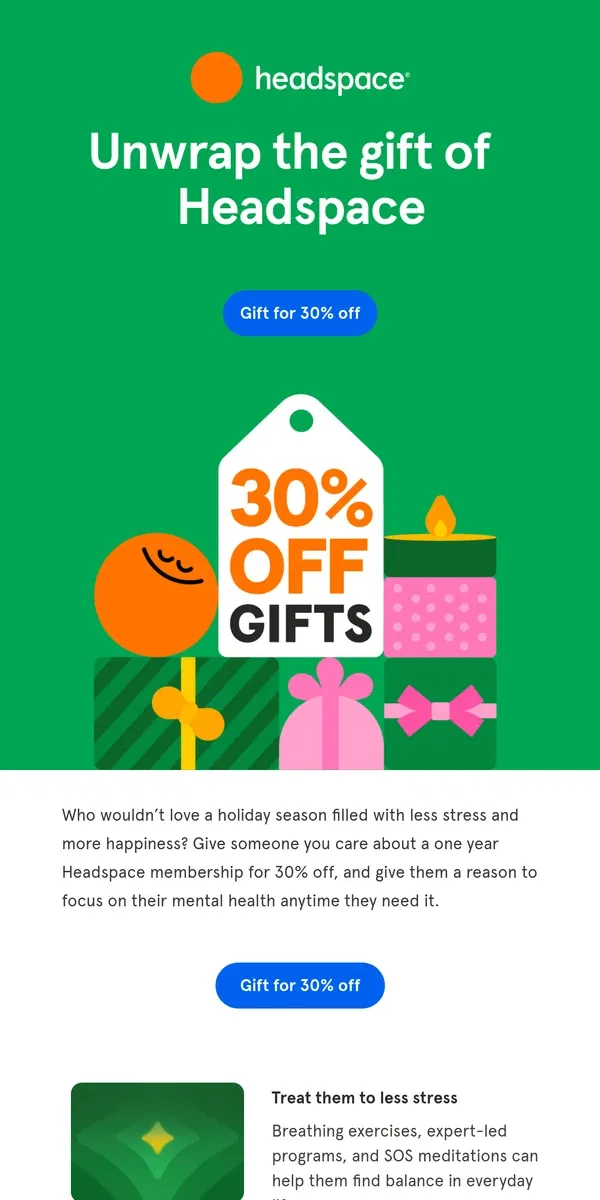 Email from Headspace. Give less stress for 30% off  🎁