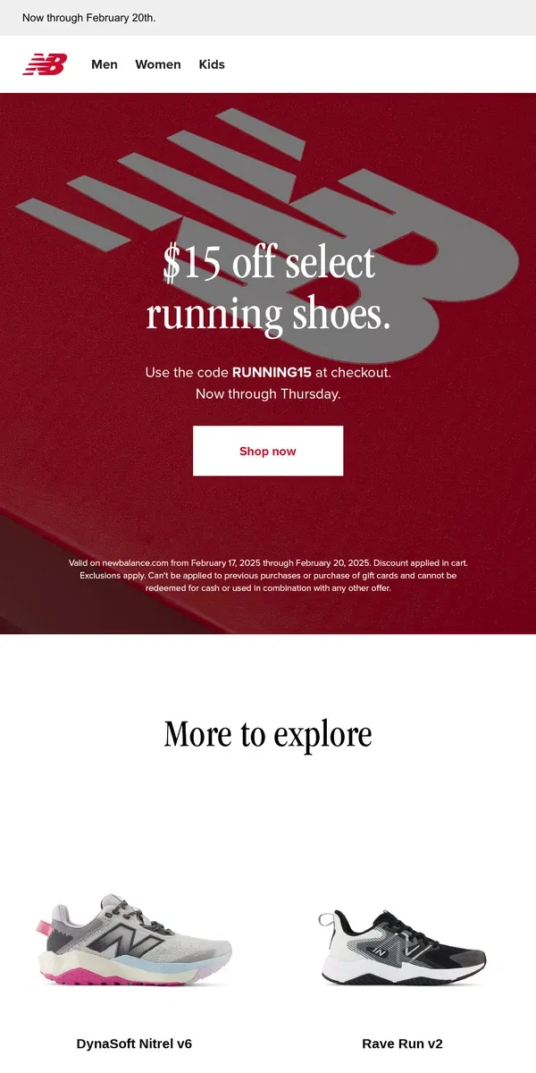 Email from New Balance. $15 off select running shoes.