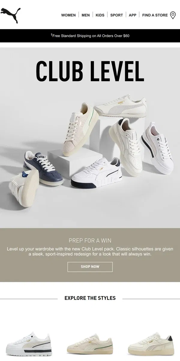 Email from Puma. Level Up With Fresh Classics