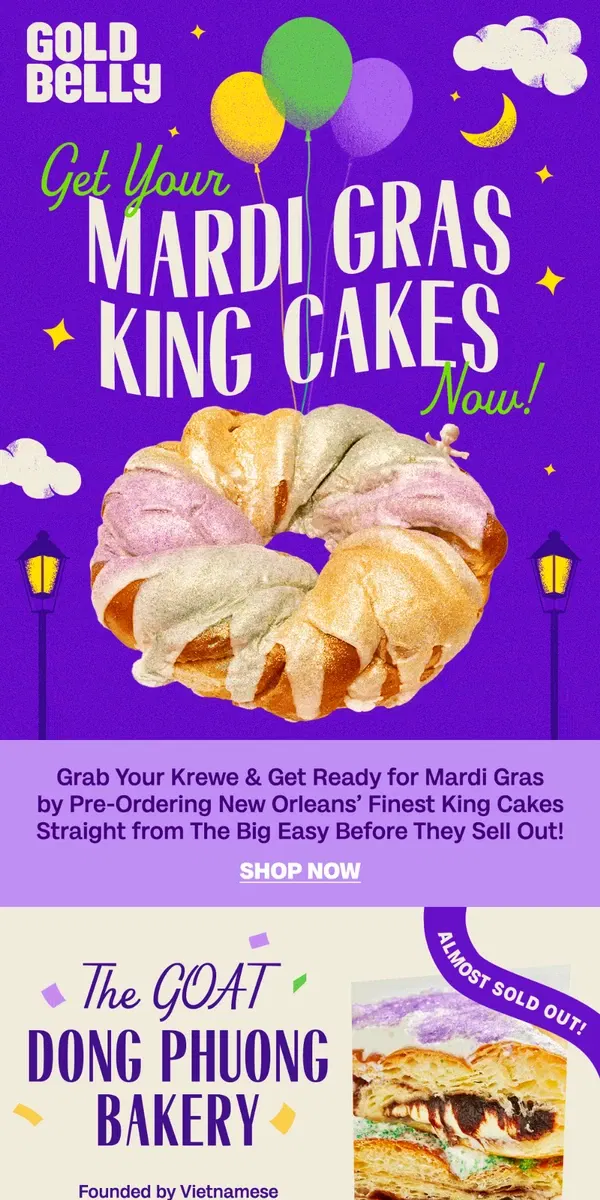 Email from Goldbelly. New Orleans King Cakes - FREE SHIPPING! 💜💚