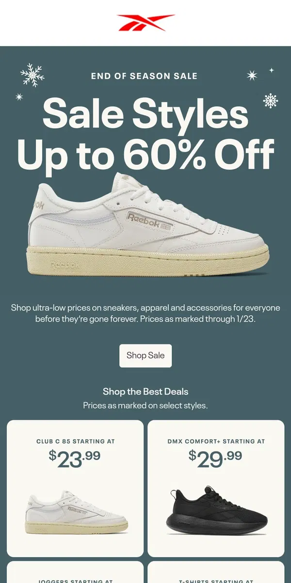 Email from Reebok. End of Season Sale styles are moving FAST 💨