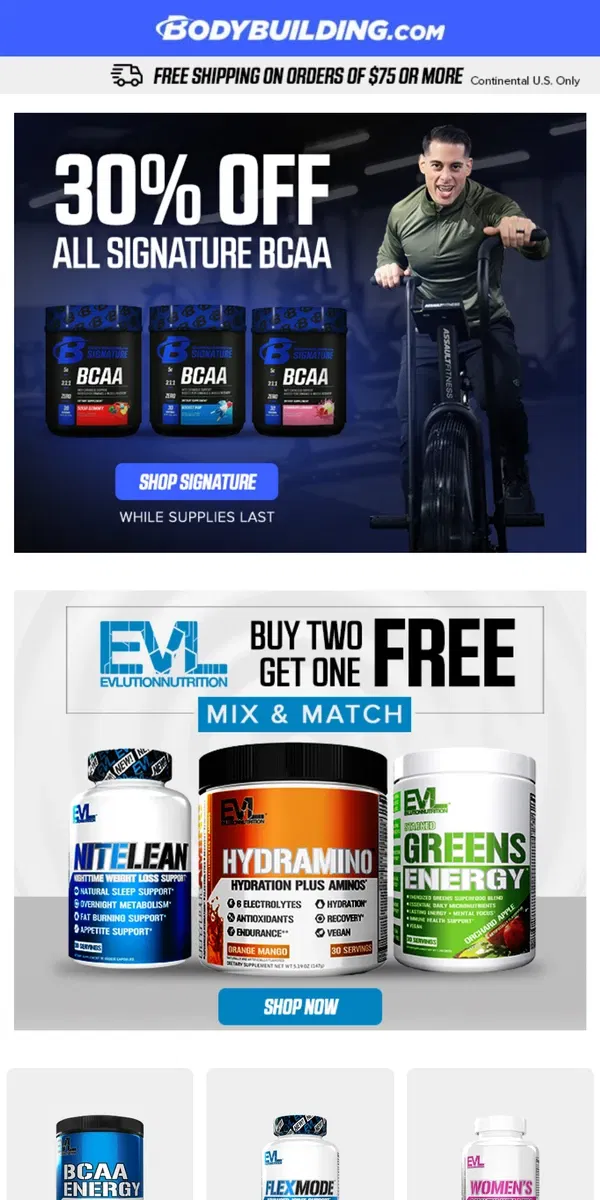 Email from Bodybuilding.com. Recover Like a Pro—Save 30% on Signature BCAA Now!