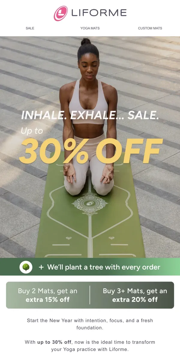 Email from Liforme. New year, new mat – Up to 30% off!