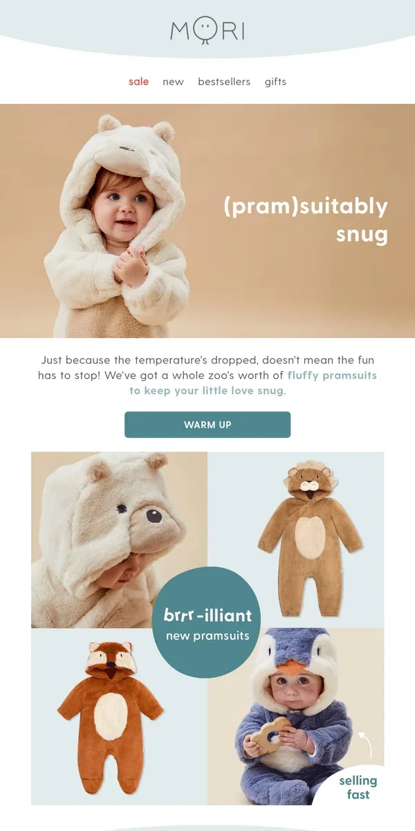 Email from MORI. Snuggly, cuddly pramsuits for winter! 🐻‍❄️