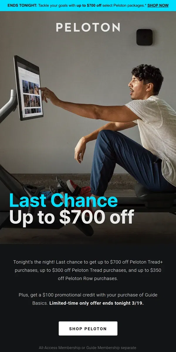 Email from Peloton. Last chance: Up to $700 off select Peloton packages