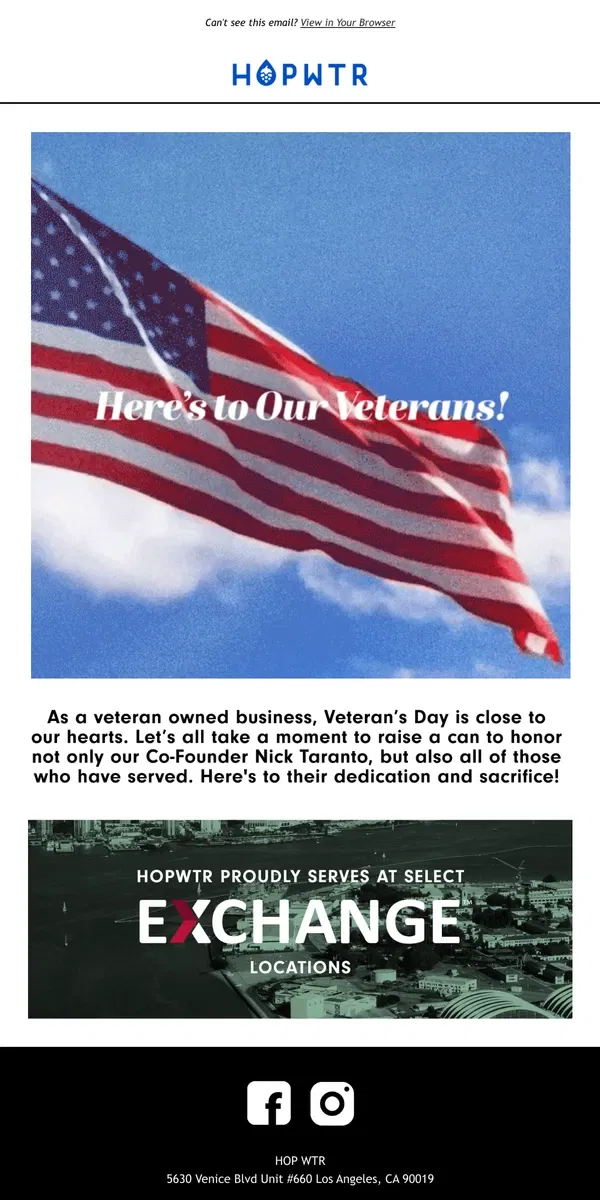 Email from HOP WTR. To Our Veterans: We Raise a Can 🇺🇸🍻