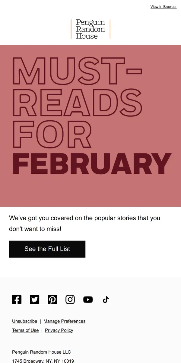 Email from Penguin Random House. Treat Yourself to February’s New Releases