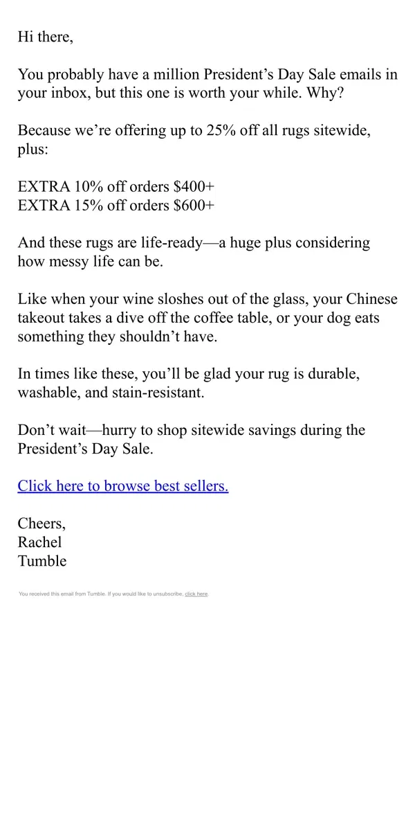 Email from Tumble. Our President's Day sale won't last long.