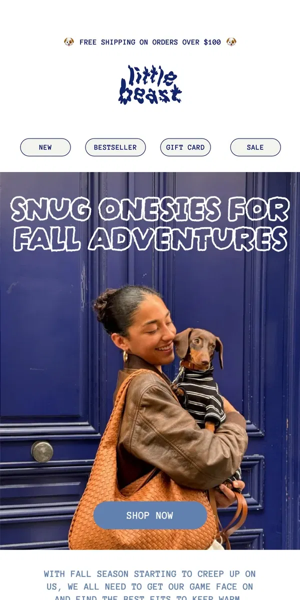 Email from Little Beast. Snug Onesies for Fall Adventures