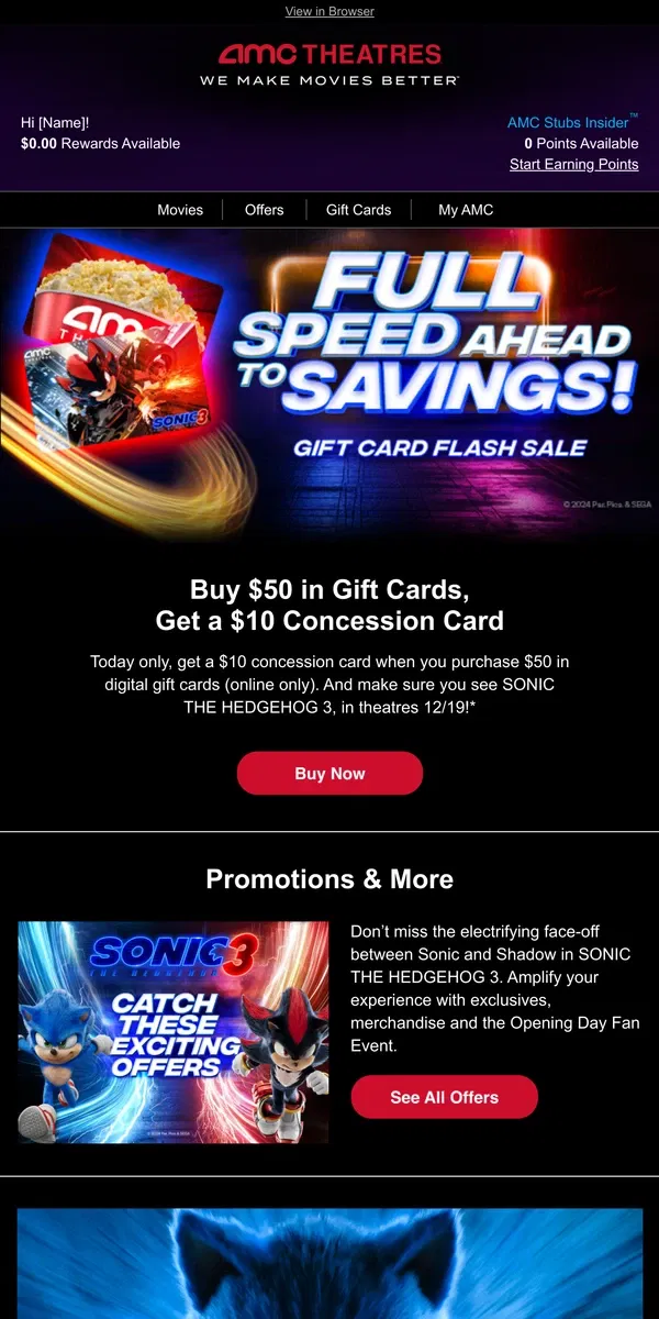 Email from AMC Theatres. Cyber Monday Sale On Digital Gift Cards. Ends at Midnight!⚡