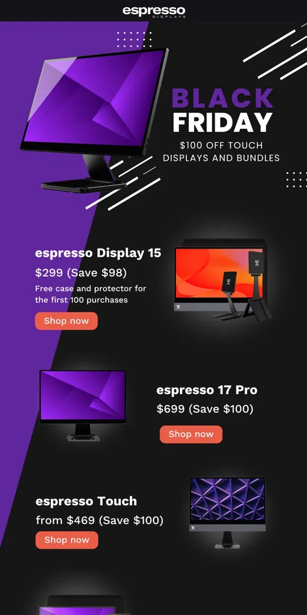 Email from espresso Displays. It’s Black Friday! Don’t Miss Our Best Prices of the Year!  🖥️