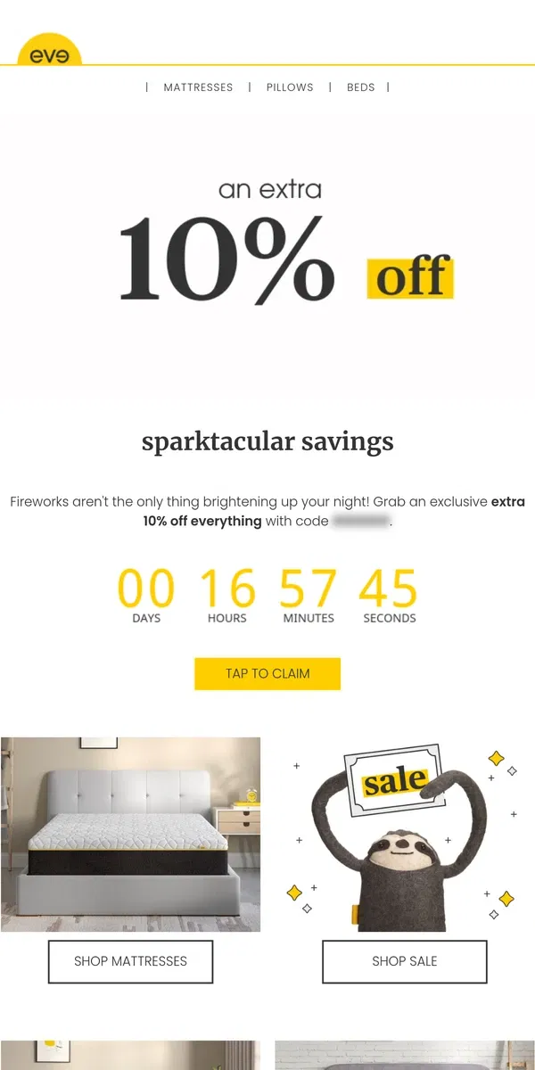 Email from Eve Sleep. 🎆 exclusive sparktacular sleep savings inside this email 🎆