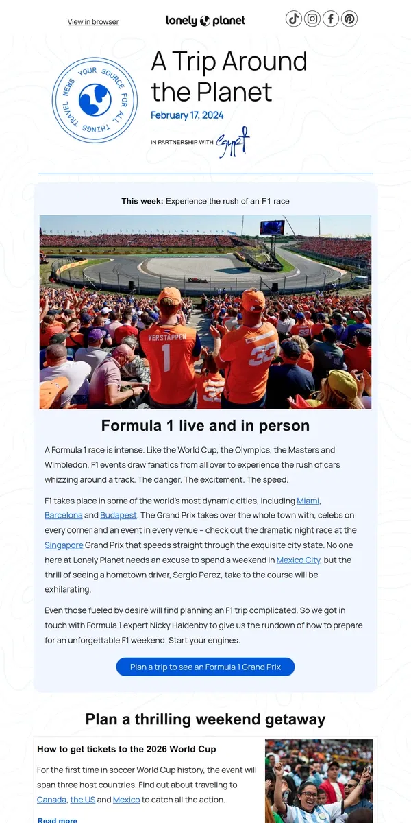 Email from Lonely Planet. Make a trip out of an F1 race