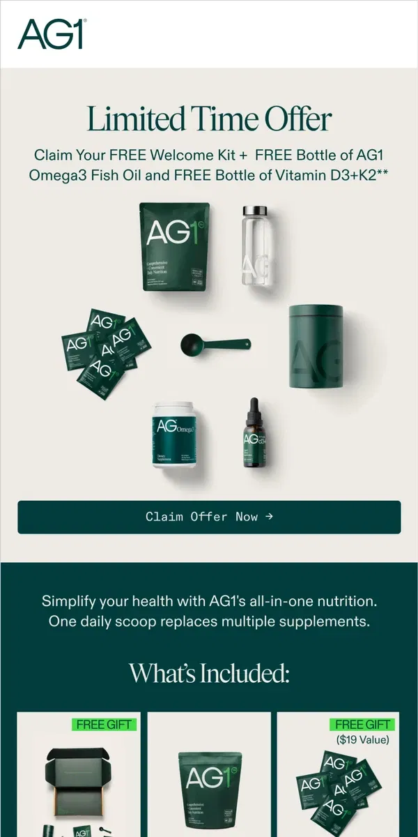 Email from AG1 by Athletic Greens. Omega 3 and Vitamin D3+K2 FREE with subscription