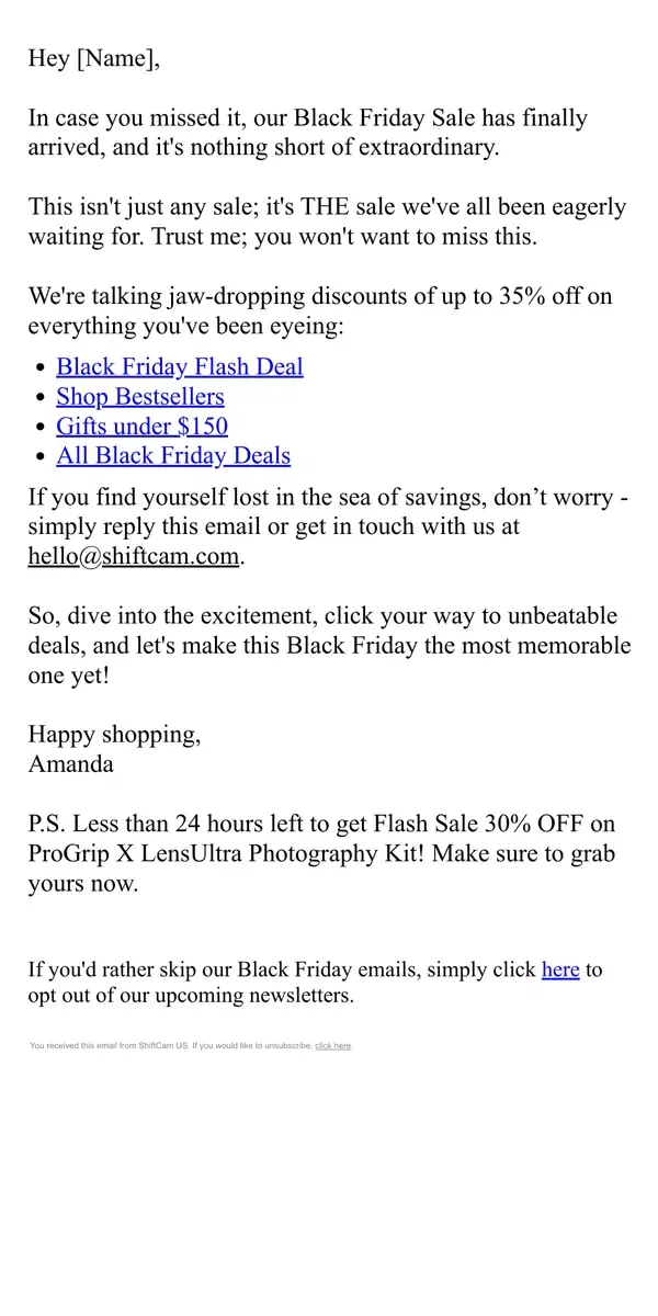 Email from ShiftCam. Hey [Name], Black Friday is here with deals up to 35% OFF!