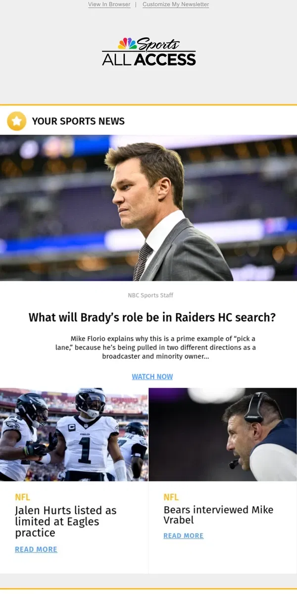 Email from NBC Sports. What will Brady's role be in Raiders HC search?